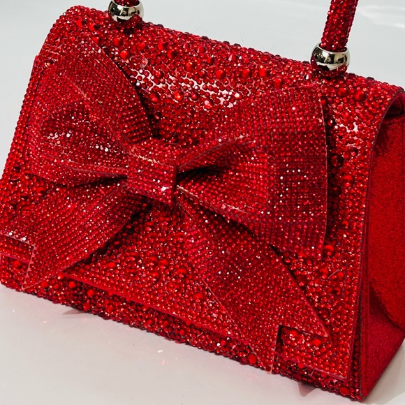 Red Rhinestone Studded Top Handle Large Bow Evening Bag - Picture 4 of 15